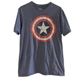 Marvel Men's Captain America T-Shirt, Large, Blue, Distressed Logo Graphic Tee